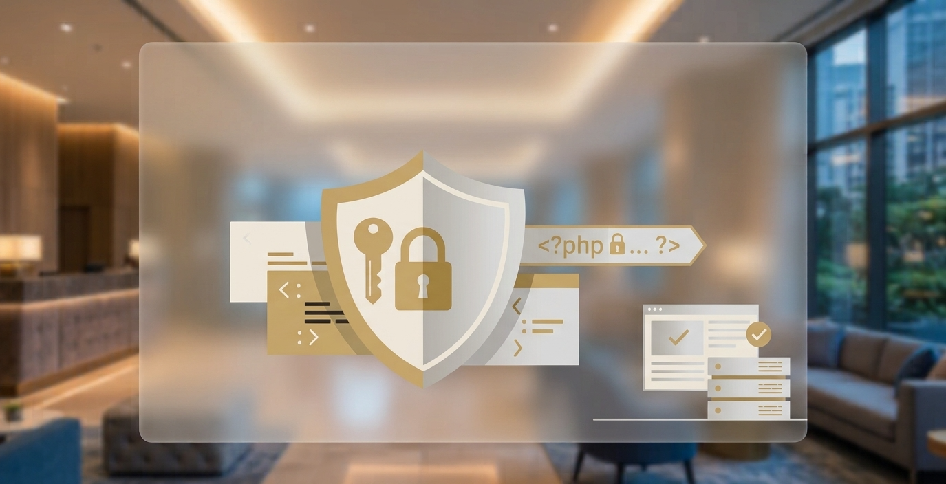 Frosted glass panel with a gold shield, key and padlock and a PHP code tag in a hotel lobby